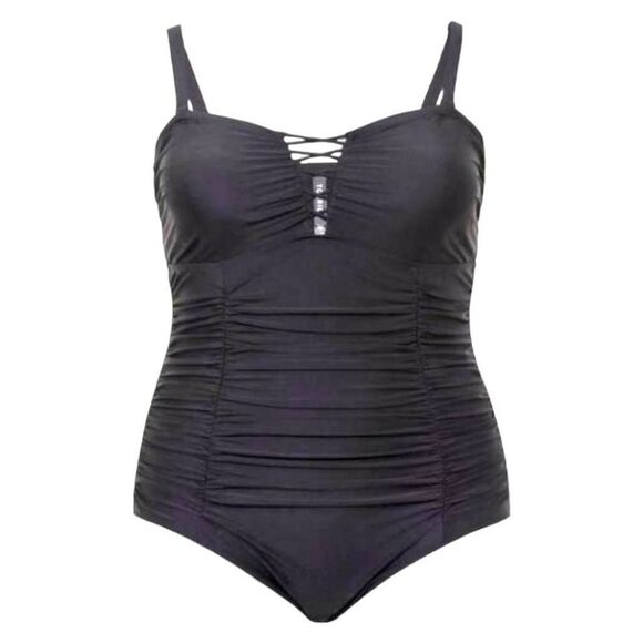 TORRID Plus Size Black Slim Fix Wireless Lattice Front One Piece Swimsuit 4X - Picture 2 of 13